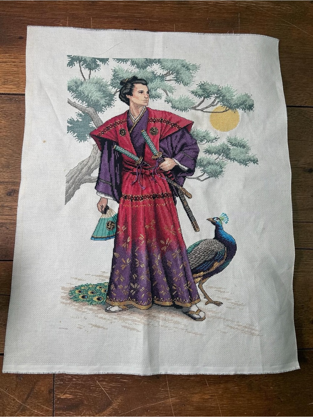 Vintage Japanese Samurai Peacock Needlepoint Tapestry Fabric Panel